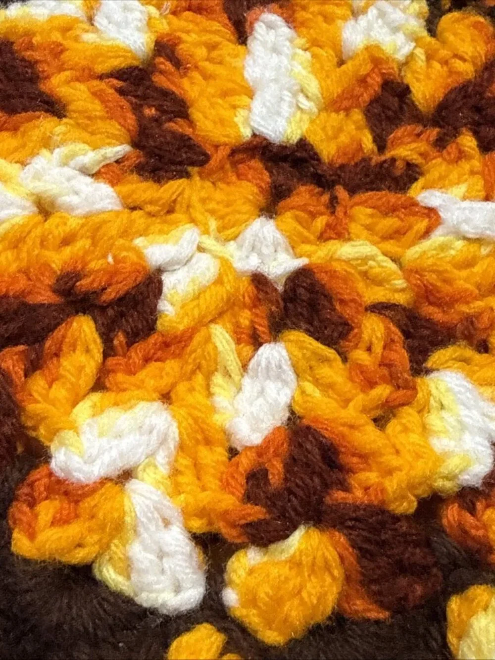 Vtg MCM 70’s Handmade Crochet Knitted Round Pot Holder Orange Brown Yellow 9.5'